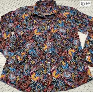 Multicolor Paisley Button Down Shirt Retro 70s Style Boho Festival Long Sleeve U